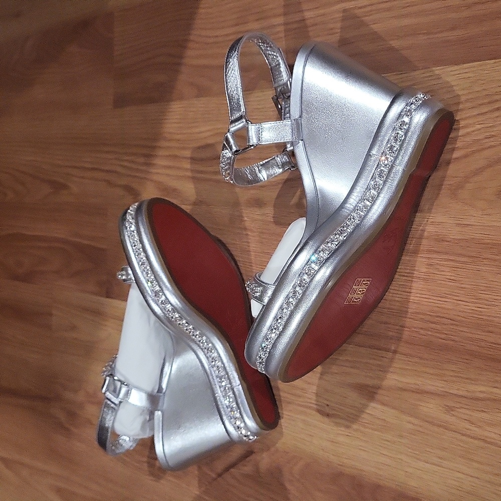 Christian Louboutin Silver Crystal-Embellished Wedge Sandals - Picture 11 of 12